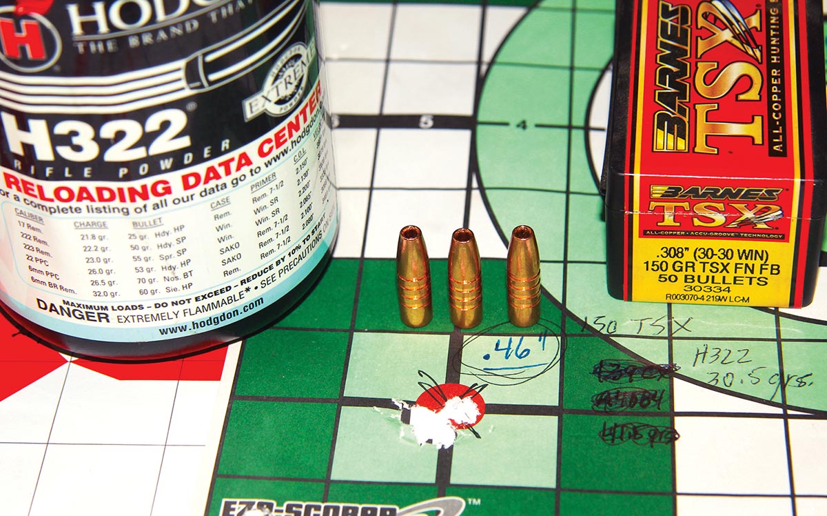 The tightest group of the entire test resulted from Barnes’ 150-grain TSX FN FB, 30.5 grains of Hodgdon 322, and a muzzle velocity of 2,391 fps, including a low extreme velocity spread. That group measured less than 1⁄2-MOA.